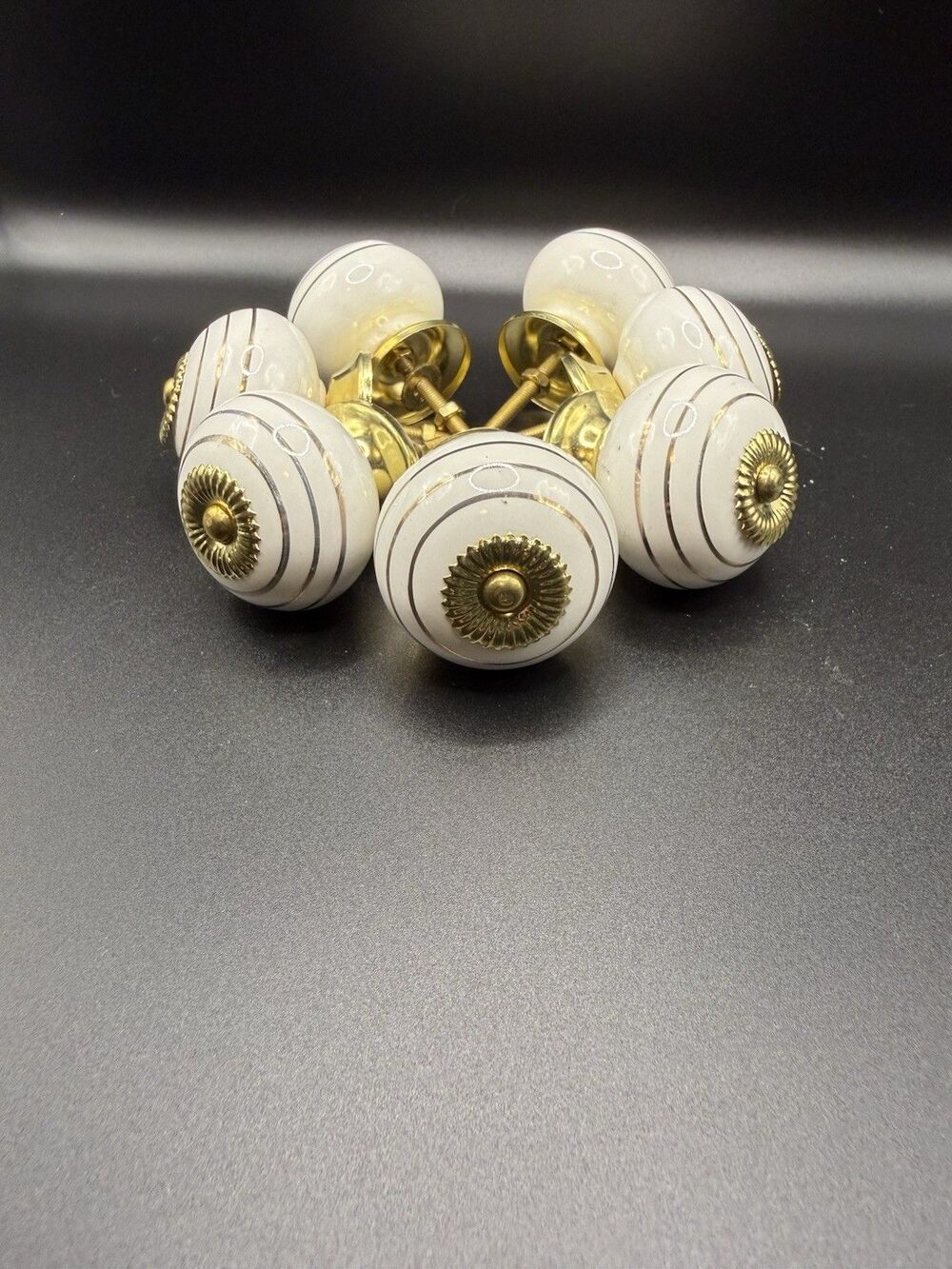 Vintage Style White + Gold Tone Ceramic Drawer Pulls 1.5" Round Knobs Set Of 7